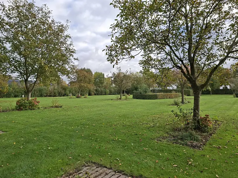 Het kampeerveld in de herfst, met fruitbomen en hagen